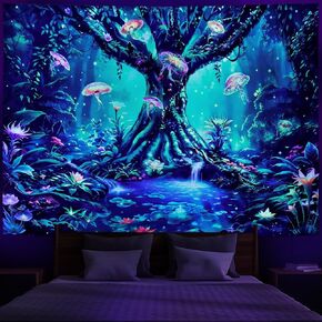 Racunbula Blacklight Fantasy Forest Tapestry UV Reactive Green Nature Plant Floral Tapestries Tree of Life Tapestry Magical Fairy Tale Jellyfish Tapestries Wall Hanging for Bedroom