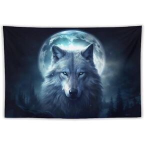 FeoYoed Tapestry Wall Hanging Aesthetic Decoration For Bedroom Living Room Wall Art Tapestries Wolf Moon On Dark Night 40"x60"