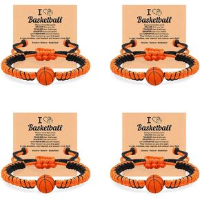 PINKPIN 4PCS Basketball Bracelet Adjustable Handmade Braided Rope Silicone Bead Sports Wristbands Team Spirit Friendship Gift for Teens, Players