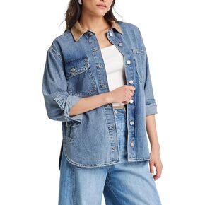 Kedera Women's Oversized Denim Jacket Long Sleeve Corduroy Collared Jean Shacket Button Down Barn Jacket with Pockets