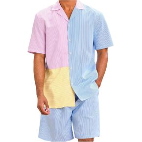 Men's 2 Piece Outfits Striped Color Block Button Down Shirts and Casual Shorts Set Vacation Short Sleeve Tracksuit