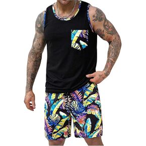 Men's 2 Piece Tropical Tracksuit Set Graphic Sleeveless Tank Top and Drawstring Shorts Summer Beach Outfits