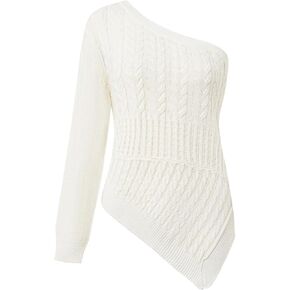 Women's Asymmetric Neckline One Shoulder Long Sleeve Sweater Irregular Off Shoulder Knit Top