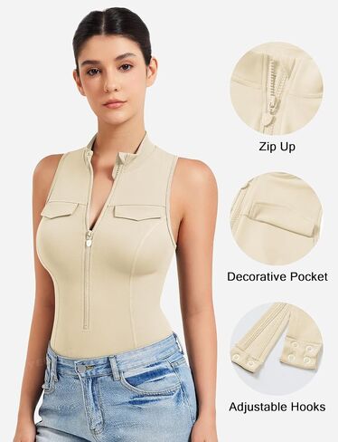 YEOREO CoreFlex Workout Sexy Bodysuits for Women Sleeveless Mock Neck Zip Up Cargo Jumpsuit One Piece Thong Bodysuit Tops in Saudi Arabia