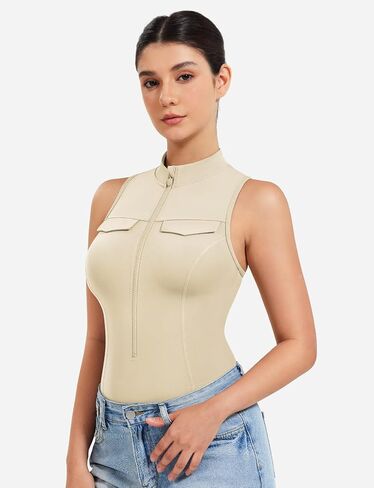 YEOREO CoreFlex Workout Sexy Bodysuits for Women Sleeveless Mock Neck Zip Up Cargo Jumpsuit One Piece Thong Bodysuit Tops in Saudi Arabia