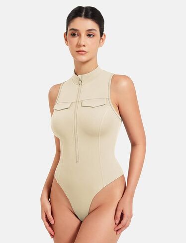 YEOREO CoreFlex Workout Sexy Bodysuits for Women Sleeveless Mock Neck Zip Up Cargo Jumpsuit One Piece Thong Bodysuit Tops in Saudi Arabia