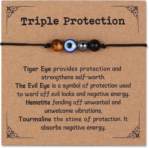 Triple Threat Protection Anxiety Relief New Beginnings Gifts for Women Men, Natural Healing Crystal Bracelet Evil Eye Moonstone Tourmaline Amethyst Jewelry for Family Friends Coworker in Kuwait