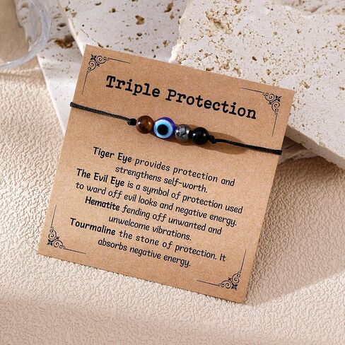 Triple Threat Protection Anxiety Relief New Beginnings Gifts for Women Men, Natural Healing Crystal Bracelet Evil Eye Moonstone Tourmaline Amethyst Jewelry for Family Friends Coworker in Kuwait