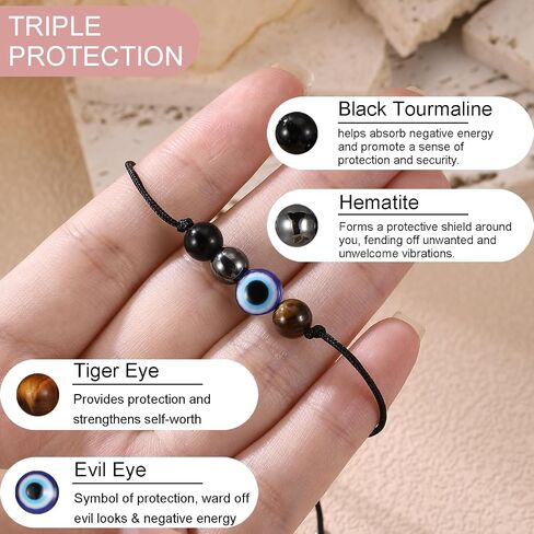 Triple Threat Protection Anxiety Relief New Beginnings Gifts for Women Men, Natural Healing Crystal Bracelet Evil Eye Moonstone Tourmaline Amethyst Jewelry for Family Friends Coworker in Kuwait