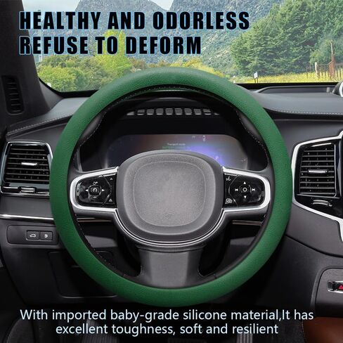 Car Steering Wheel Cover, Soft Odorless Silicone Leather Texture Steering Cover, Car Steering Wheel Protector, 12.5-18.5In Car Accessories Universal Car Accessory for Diverse Cars (Dark green) in Kuwait