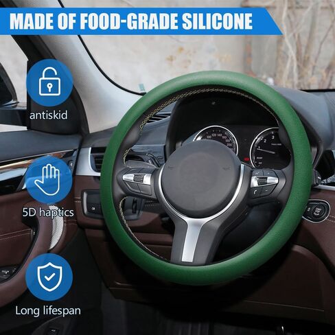 Car Steering Wheel Cover, Soft Odorless Silicone Leather Texture Steering Cover, Car Steering Wheel Protector, 12.5-18.5In Car Accessories Universal Car Accessory for Diverse Cars (Dark green) in Kuwait