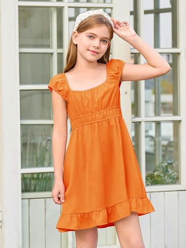 Haloumoning Girls Summer Dresses Kids Cap Sleeve Square Neck Elastic Waist A-Line Flowy Dress 7-14 Years in Kuwait