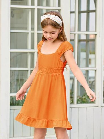 Haloumoning Girls Summer Dresses Kids Cap Sleeve Square Neck Elastic Waist A-Line Flowy Dress 7-14 Years in Kuwait