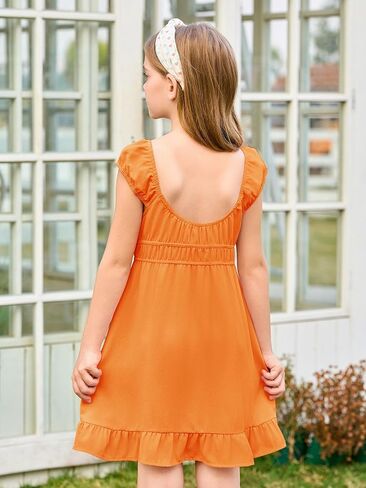 Haloumoning Girls Summer Dresses Kids Cap Sleeve Square Neck Elastic Waist A-Line Flowy Dress 7-14 Years in Kuwait