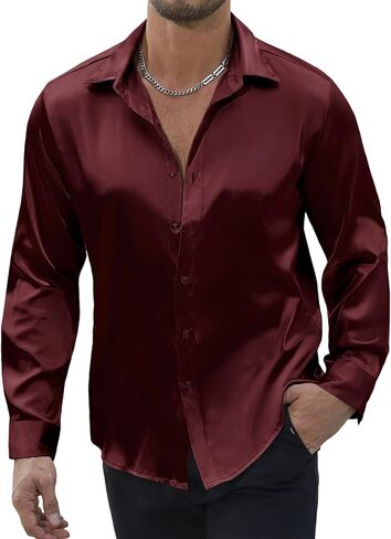Vssjavun Mens Silk Satin Long Sleeve Button Down Shirts Shiny Dress Shirt Luxury Party Prom Wedding Shirts in Saudi Arabia