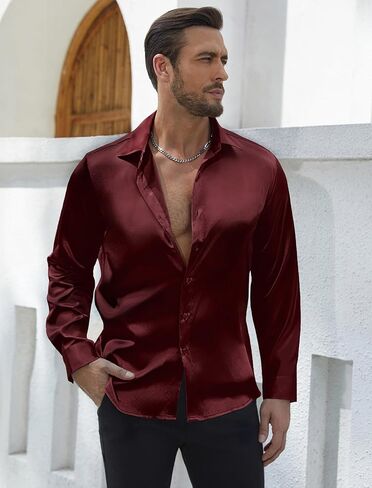 Vssjavun Mens Silk Satin Long Sleeve Button Down Shirts Shiny Dress Shirt Luxury Party Prom Wedding Shirts in Saudi Arabia