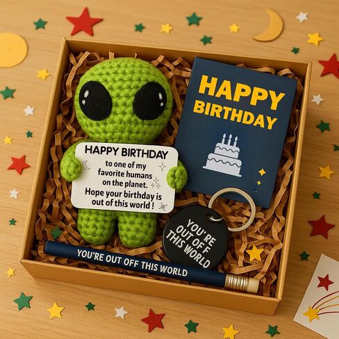 MAMAGIFTREE Funny Birthday Gifts for Man or Woman - Handmade Crochet Alien Plush with Inspirational Birthday Message - Small Bday Stuff for Friends, Teens, Coworkers, Sci-Fi Lovers - Party Favor in Saudi Arabia