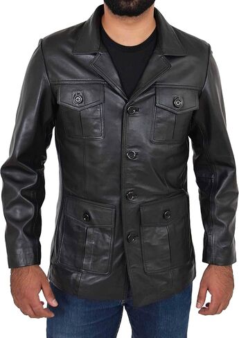 Mens Black Leather Safari Jacket Fitted Classic Retro Blazer Hunters Reefer Coat - Sylas in Kuwait