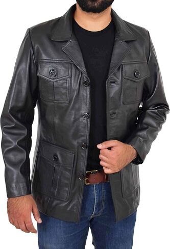 Mens Black Leather Safari Jacket Fitted Classic Retro Blazer Hunters Reefer Coat - Sylas in Kuwait