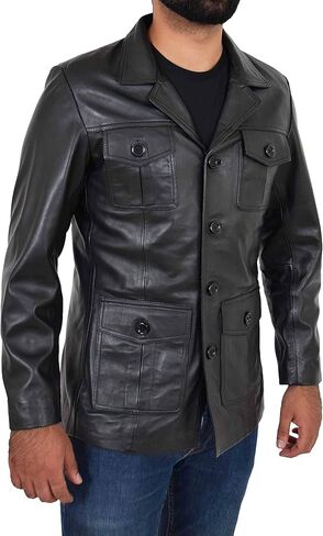 Mens Black Leather Safari Jacket Fitted Classic Retro Blazer Hunters Reefer Coat - Sylas in Kuwait