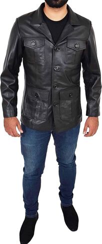 Mens Black Leather Safari Jacket Fitted Classic Retro Blazer Hunters Reefer Coat - Sylas in Kuwait