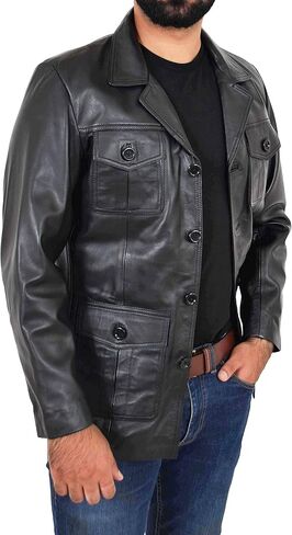 Mens Black Leather Safari Jacket Fitted Classic Retro Blazer Hunters Reefer Coat - Sylas in Kuwait