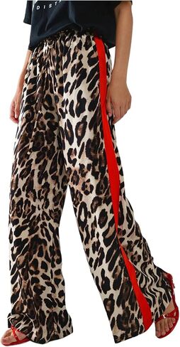 COZYEASE Women's Leopard Print Wide Leg Pants Cheetah Drawstring Waist Color Block Long Trousers in Saudi Arabia