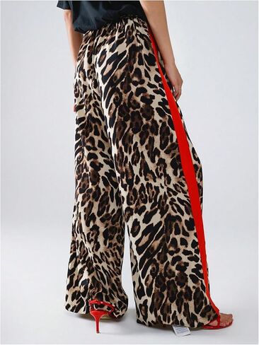 COZYEASE Women's Leopard Print Wide Leg Pants Cheetah Drawstring Waist Color Block Long Trousers in Saudi Arabia
