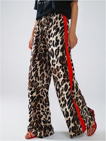 COZYEASE Women's Leopard Print Wide Leg Pants Cheetah Drawstring Waist Color Block Long Trousers in Saudi Arabia