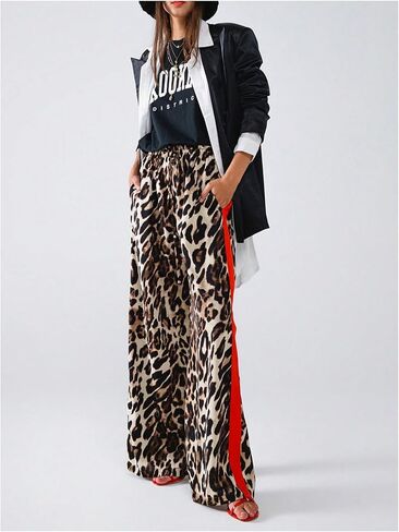 COZYEASE Women's Leopard Print Wide Leg Pants Cheetah Drawstring Waist Color Block Long Trousers in Saudi Arabia