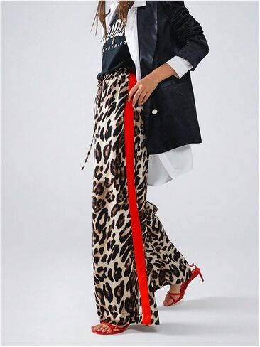 COZYEASE Women's Leopard Print Wide Leg Pants Cheetah Drawstring Waist Color Block Long Trousers in Saudi Arabia