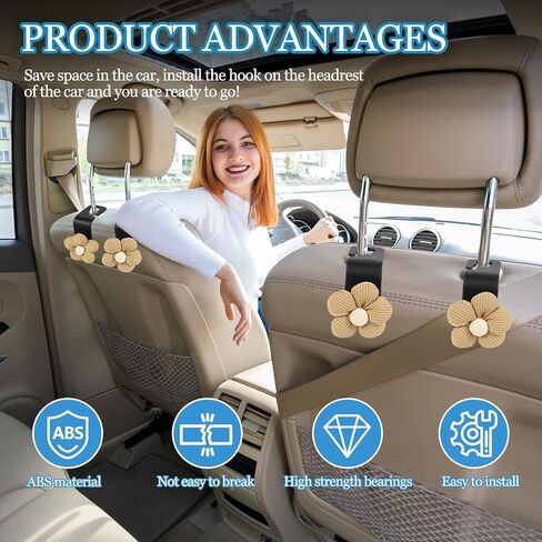 4PCS Car Seat Headrest Hook, Cute Flower Car Seat Back Hanging Hook, Auto Seat Purse Hanger Organizer for Handbag Clothes Coat Grocery Bag, Universal Interior Car Accessories (White) in Saudi Arabia