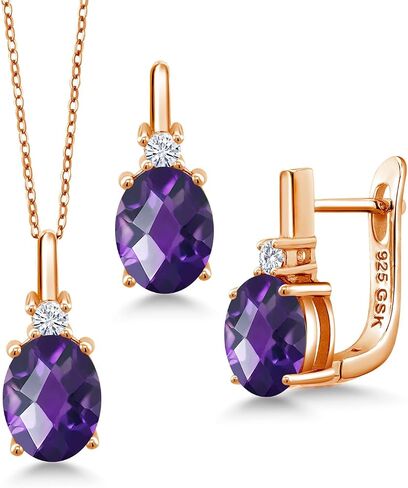 GEM Stone King Gemstone Birthstone and Lab Grown Diamond Pendant and Accorts Jewelry for Women in 18k Rose Gold Placed | بيضاوي 8x6mm وجولة 2.5mm | بسلسلة 18 بوصة in Kuwait
