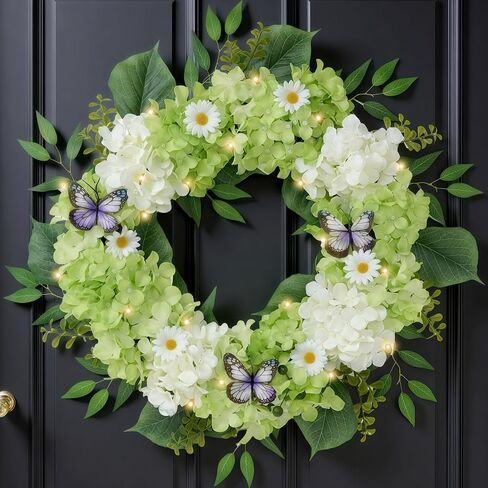 Valery Madelyn Spring Summer Wreaths for Front Door with Lights, Silk Blue White Hydrangeas Floral Wreath with Eucalyptus Leaves Butterfly for Home Porch Window Party Wedding Arch Decor-18'' in Saudi Arabia