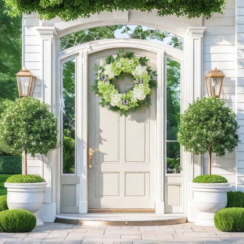 Valery Madelyn Spring Summer Wreaths for Front Door with Lights, Silk Blue White Hydrangeas Floral Wreath with Eucalyptus Leaves Butterfly for Home Porch Window Party Wedding Arch Decor-18'' in Saudi Arabia