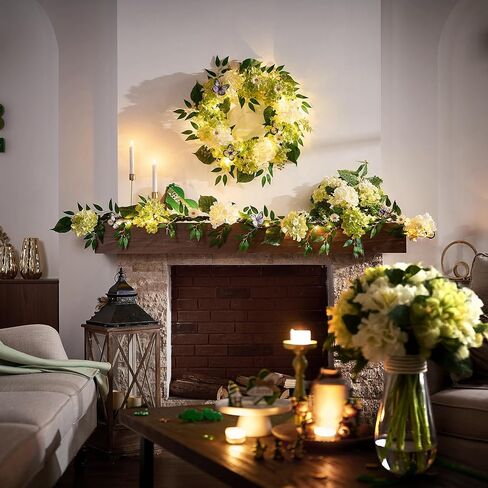 Valery Madelyn Spring Summer Wreaths for Front Door with Lights, Silk Blue White Hydrangeas Floral Wreath with Eucalyptus Leaves Butterfly for Home Porch Window Party Wedding Arch Decor-18'' in Saudi Arabia