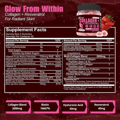 Multi Collagen Gummies Peptides Hydrolyzed Type I, II, III, V, X Plus Resveratrol Hyaluronic Acid & Biotin Gummies for Hair Skin and Nails Vitamins | Colageno Hidrolizado for Women & Men | Sugar Free in Saudi Arabia