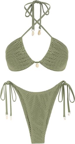 ZAFUL Women's Bikini Set Fishnet Triangle Tie Convertible Collar Halter Bandeau Shell Two Piece Bathing Suit in Saudi Arabia
