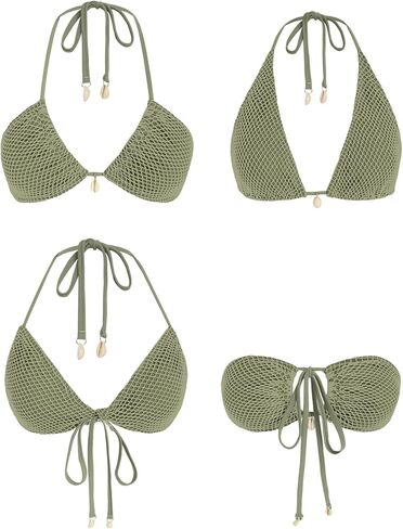 ZAFUL Women's Bikini Set Fishnet Triangle Tie Convertible Collar Halter Bandeau Shell Two Piece Bathing Suit in Saudi Arabia