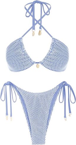 ZAFUL Women's Bikini Set Fishnet Triangle Tie Convertible Collar Halter Bandeau Shell Two Piece Bathing Suit in Saudi Arabia