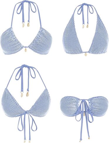 ZAFUL Women's Bikini Set Fishnet Triangle Tie Convertible Collar Halter Bandeau Shell Two Piece Bathing Suit in Saudi Arabia