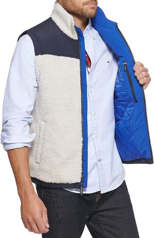 Tommy Hilfiger Men's Contrast Sherpa Stand Collar Vest, Navy, Large in Saudi Arabia