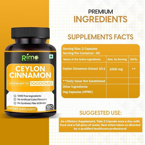Ceylon Cinnamon Capsules 1000mg Per Serving 120 Capsules Gluten Free, Pure, Non-GMO & Gluten Free in Saudi Arabia