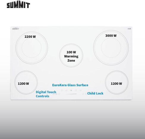 Summit Appliance CR5B30T8W 30" Wide 5-Burner Radiant Cooktop, White, Ceramic Glass Surface, Digital Touch Controls, 9 Power Levels, Programmable Timer, Residual Heat Indicator, 208-240v Operation in Saudi Arabia
