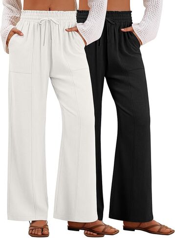 2 Pack Women's Linen Pants Summer Wide Leg Drawstring Elastic Waist Pant Casual Loose Fit Beach Trousers with Pockets in Saudi Arabia