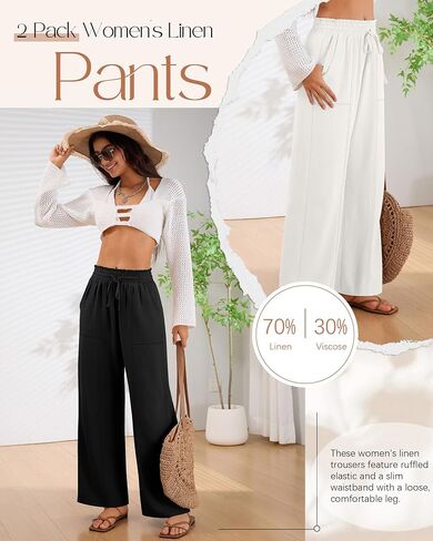 2 Pack Women's Linen Pants Summer Wide Leg Drawstring Elastic Waist Pant Casual Loose Fit Beach Trousers with Pockets in Saudi Arabia