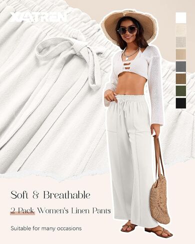 2 Pack Women's Linen Pants Summer Wide Leg Drawstring Elastic Waist Pant Casual Loose Fit Beach Trousers with Pockets in Saudi Arabia