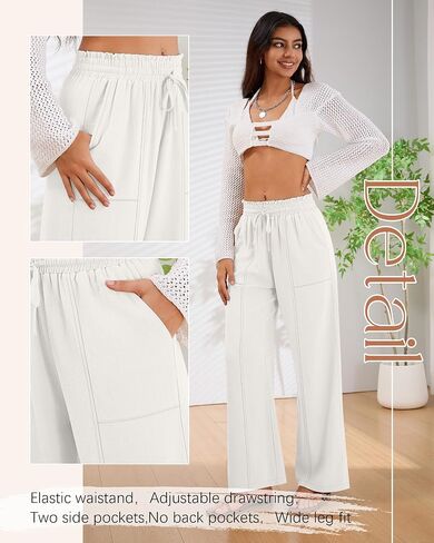 2 Pack Women's Linen Pants Summer Wide Leg Drawstring Elastic Waist Pant Casual Loose Fit Beach Trousers with Pockets in Saudi Arabia