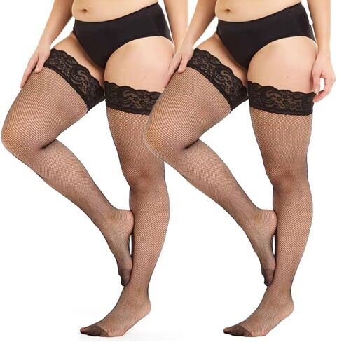 2 Pairs Plus Size Fishnet Stockings for Women,Silicone Lace Thigh High Stockings,Top Sheer Stay Up Lingerie Tights in Saudi Arabia
