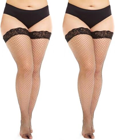 2 Pairs Plus Size Fishnet Stockings for Women,Silicone Lace Thigh High Stockings,Top Sheer Stay Up Lingerie Tights in Saudi Arabia